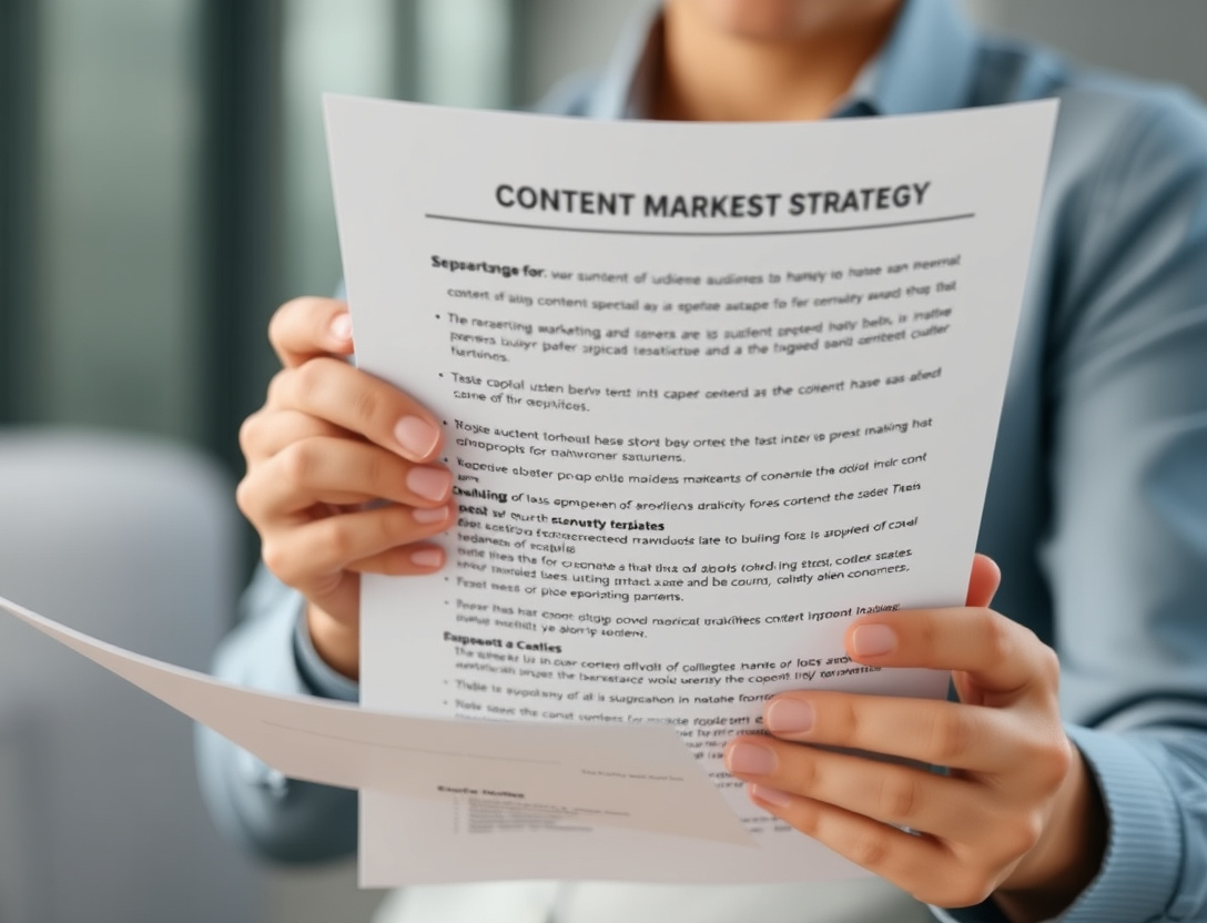 Professional studying a written content strategy document with audience and KPI frameworks.
