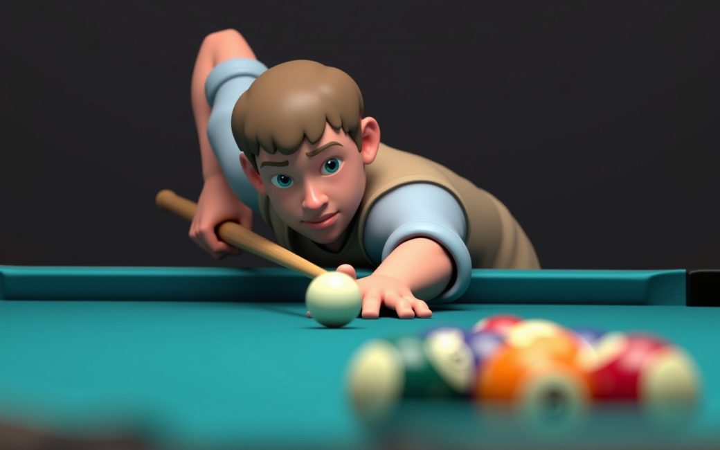 Player taking a shot in 9 Ball Pool, aiming the cue stick at the balls on the felt table.
